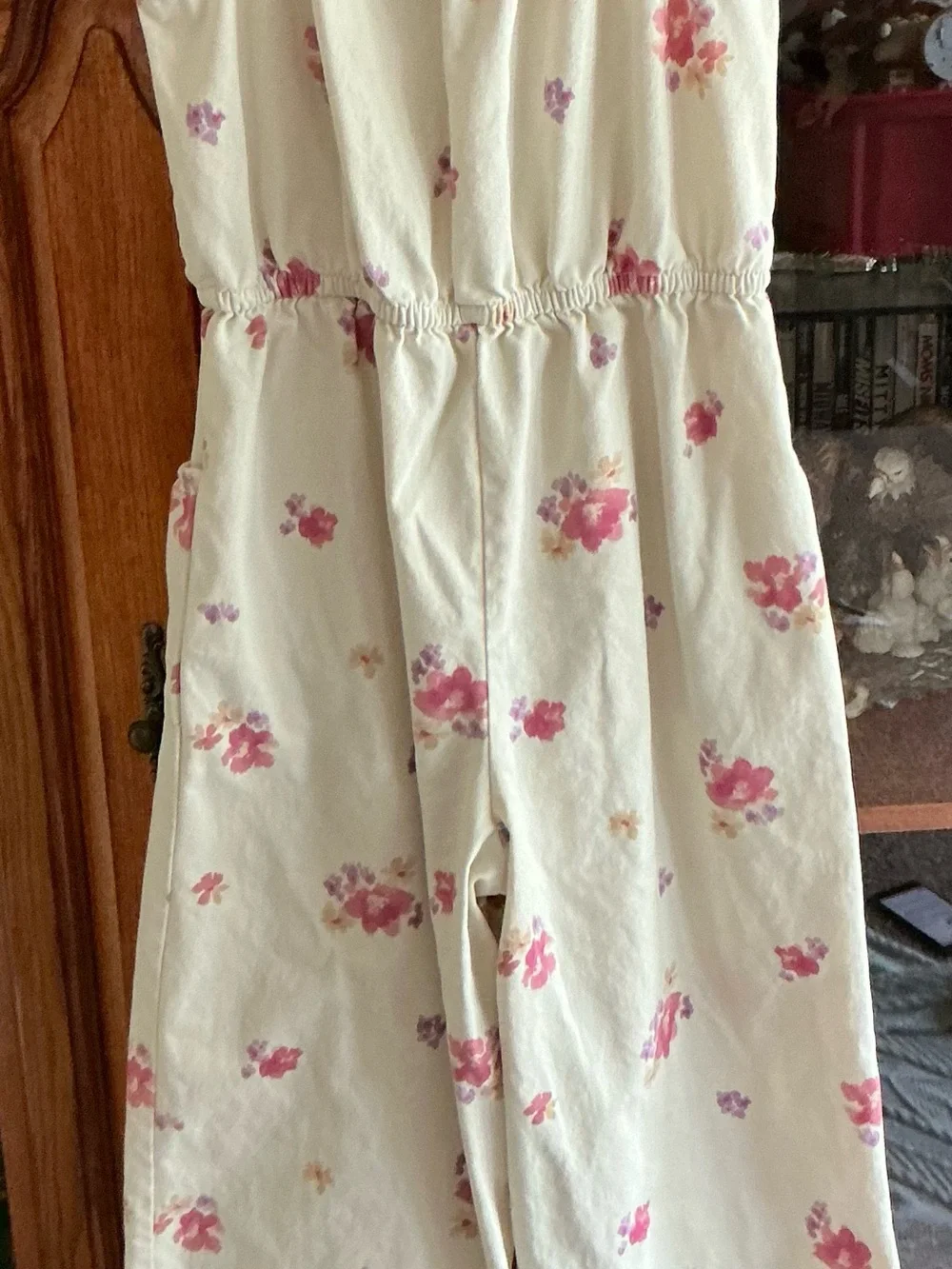 Oshkosh B’Gosh Girls Size 8/8A Floral Wide Leg Jumpsuit Cream Pink Pockets